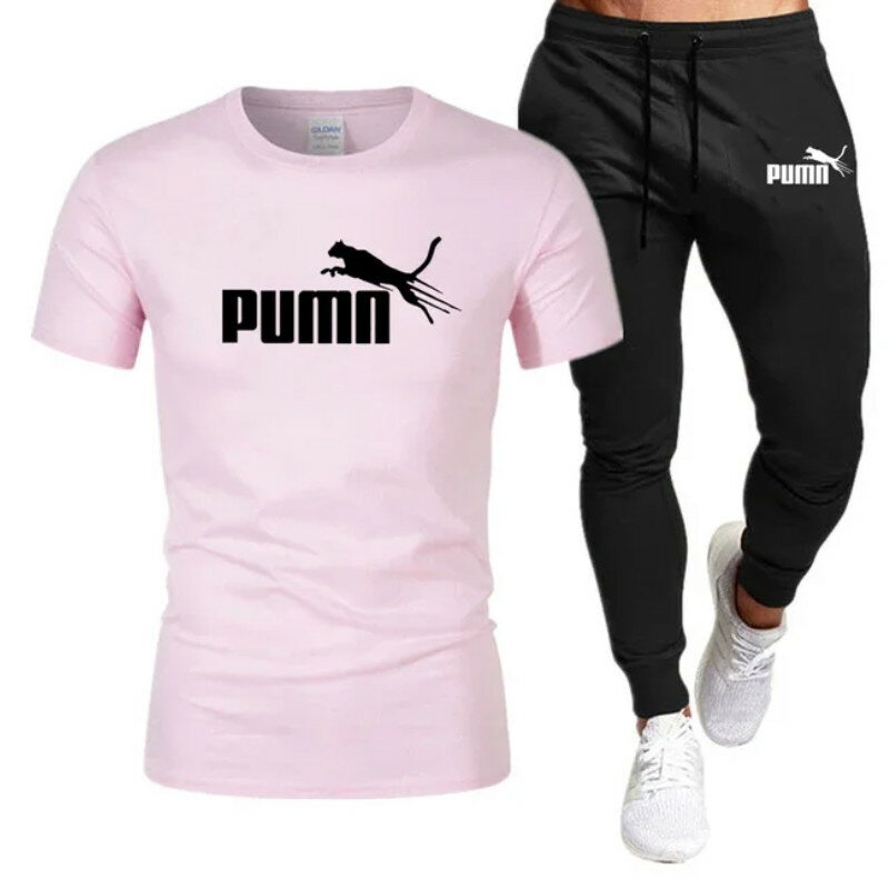 メンズ半袖Tシャツと黒のカジュアルパンツ,快適な服,コットン,スポーツウェア,2個