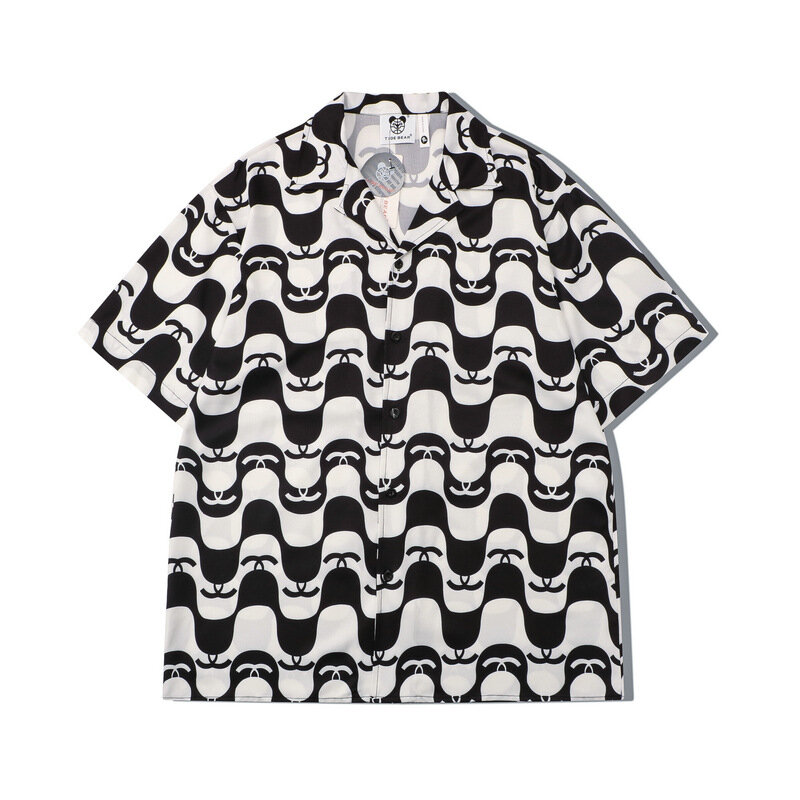 Мужская гавайская рубашка с короткими рукавами, черная или белая Повседневная винтажная гавайская рубашка с пуговицами и шортами с волнами, лето 2024