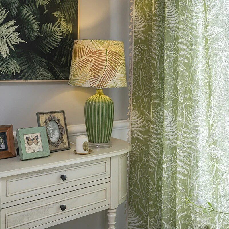 緑の葉の防水窓カーテン,自由奔放に生きるタッセル,ロッドポケット,リビングルームとベッドルームの装飾,素朴な植物