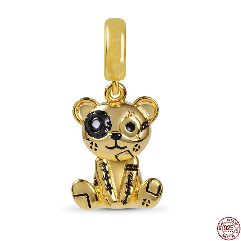 Liontin beruang Steampunk menjuntai 925 perak murni manik-manik jimat rakun cocok asli gelang Pandora perhiasan hadiah mode