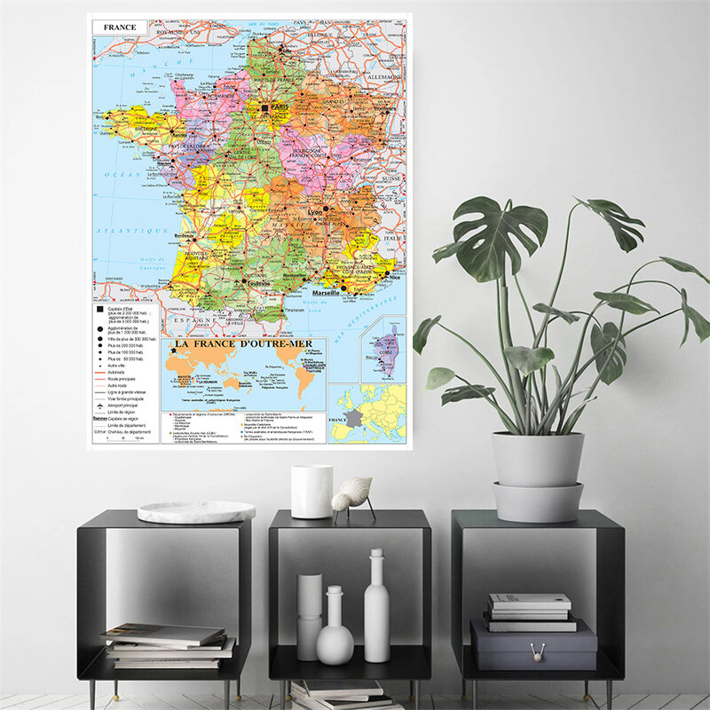100*150Cm Peta Politik Prancis Di Poster Besar Prancis Lukisan Kanvas Non-woven Ruang Keluarga Dekorasi Rumah Perlengkapan Sekolah