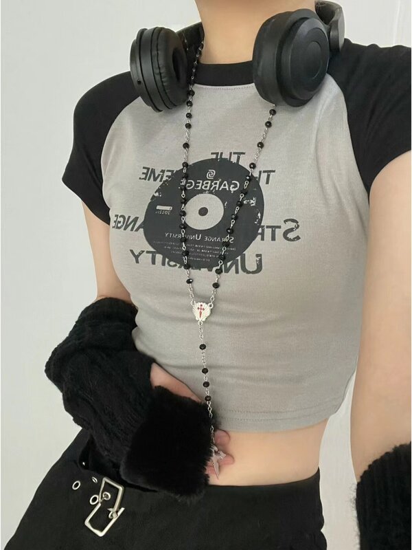Maglietta Vintage estiva manica corta T-Shirt donna stile coreano Streetwear Patchwork Grunge estetica Tee top 2022 graphic