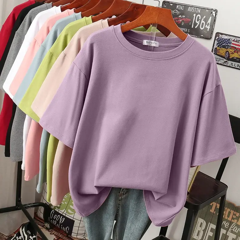 EBAIHUI-T-shirt Plus Size para mulheres, 100% algodão, top de manga curta, pescoço O, monocromático, camisas extragrandes, verão, L-5XL, 2023