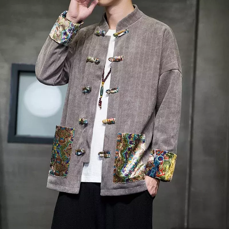 Jaqueta de manga comprida estampada chinesa masculina, casaco de botão masculino, gola em pé, roupa tradicional Han e Tang, outono e inverno