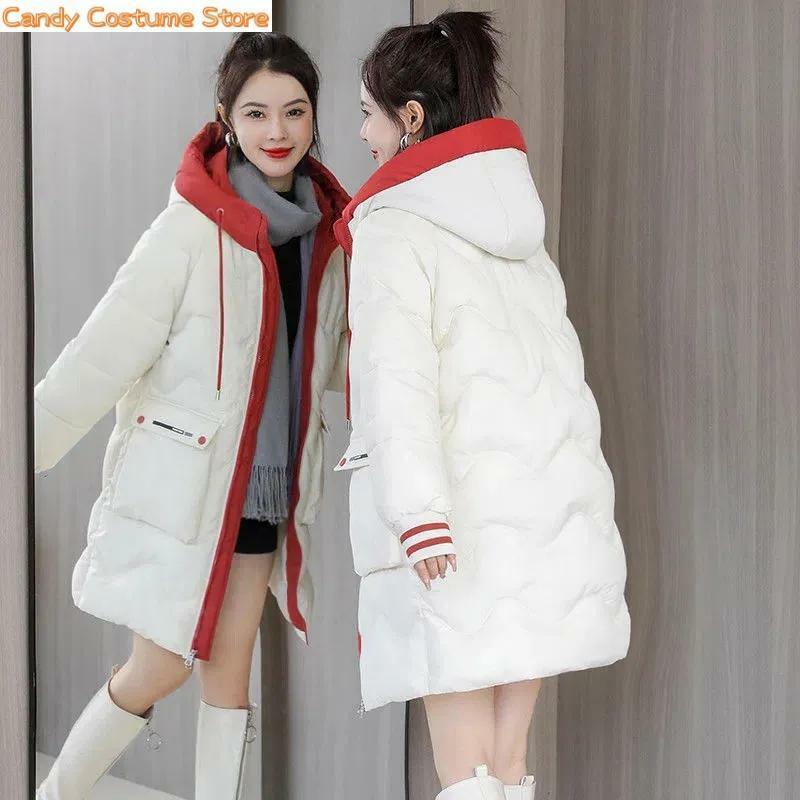 Jaqueta acolchoada feminina, parkas com capuz grosso quente, casaco de algodão, outerwear feminino solto, estilo coreano, inverno
