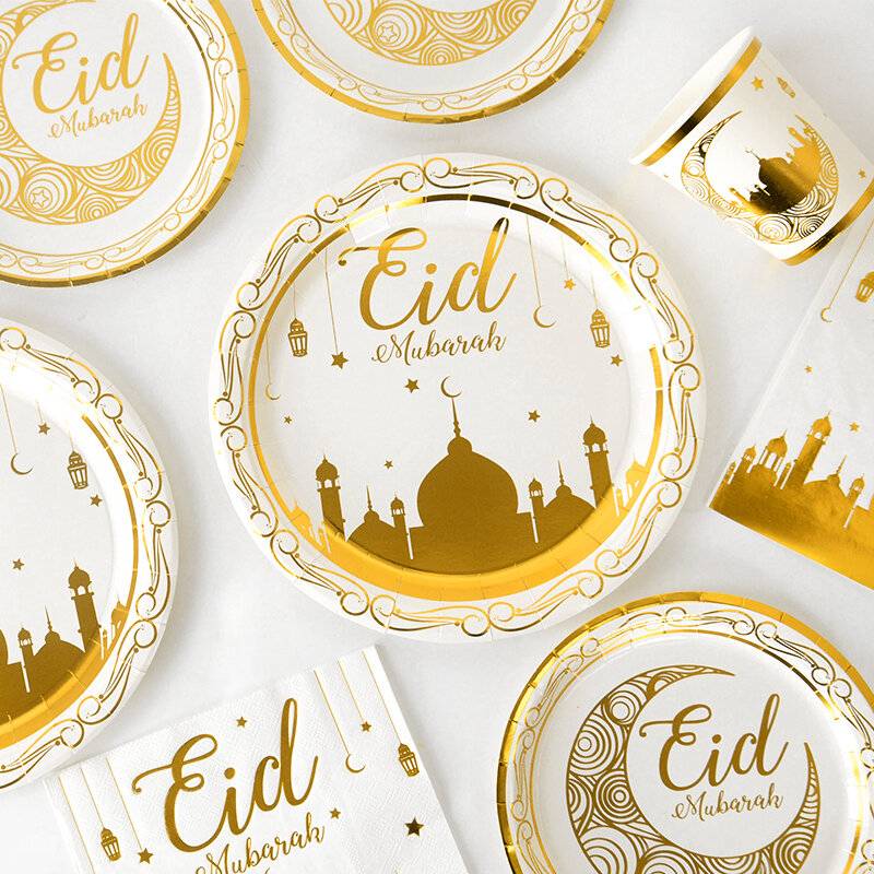 Eid Mubarak Louça Descartável, Gold Plate Cup, Banner Gift Bags, Fontes do Partido Muçulmano Islâmico, Ramadan Kareem Decorações, 2024