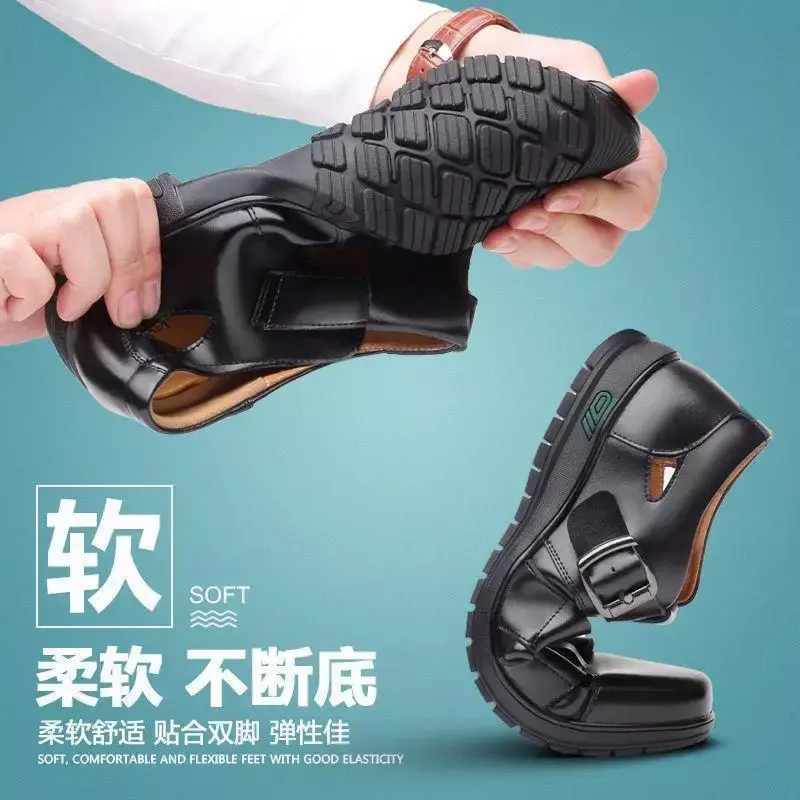 Мужские кожаные сандалии с перфорацией, черные повседневные дышащие босоножки с перфорацией, обувь для лета, 2024