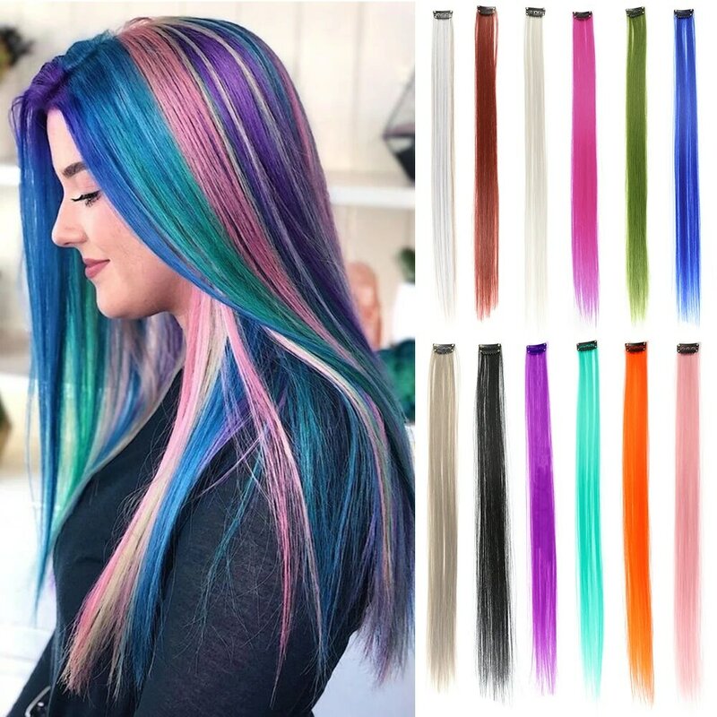 HAIRSTAR-extensiones de cabello sintético de una pieza, extensiones de cabello lisas de colores del arco iris, 22 pulgadas