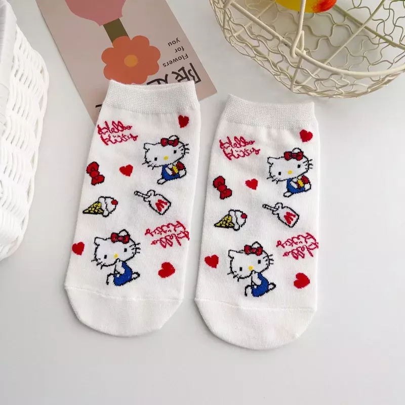 Cute Cartoon Cat Socks para adulto, meia curta feminina, meias de barco, vermelho e branco, HelloKitty Print, 1 par, novo