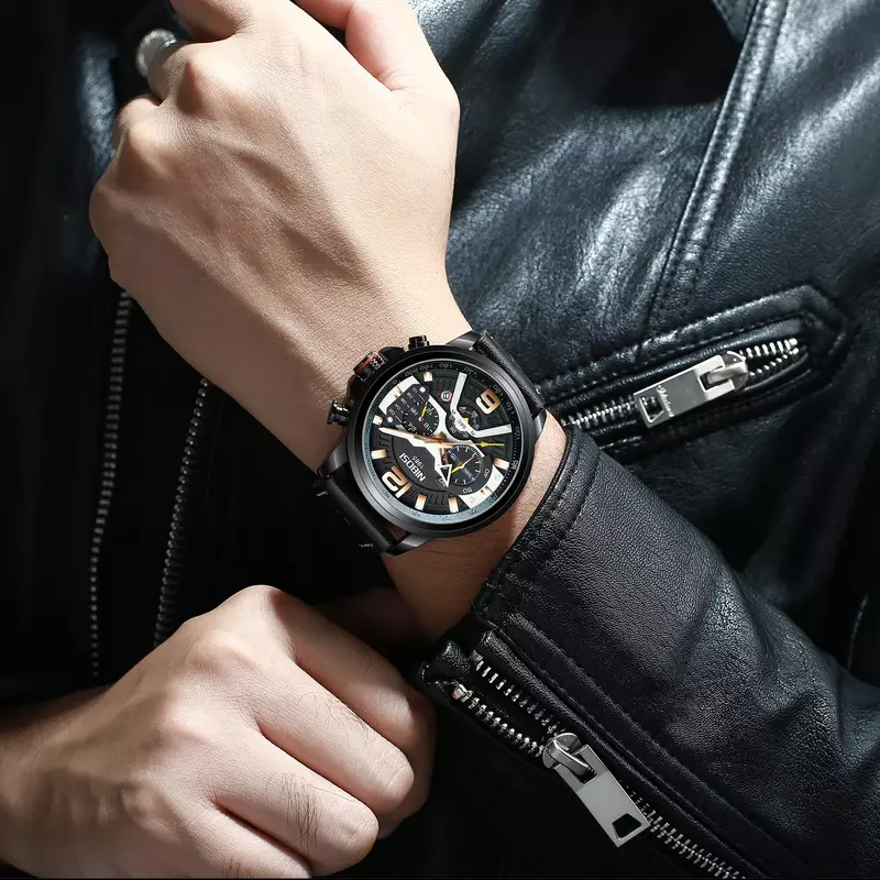 Zegarek sportowy NIBOSI na co dzień męski Top marki luksusowe duże skórzany wojskowy zegarek męski zegar moda chronograf Relogio Masculino