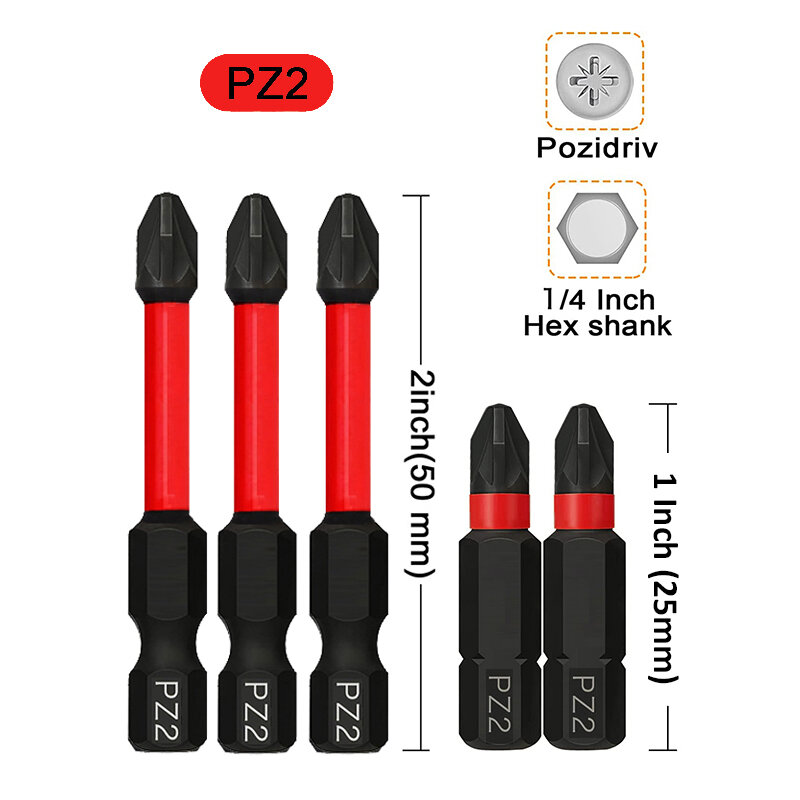 5Pc PZ2 Screwdriver Bit 25mm and 50mm Length Pozidriv Impact Bits 1/4" Hex Shank Magnetic Impact Driver Drill Bit for Power Tool