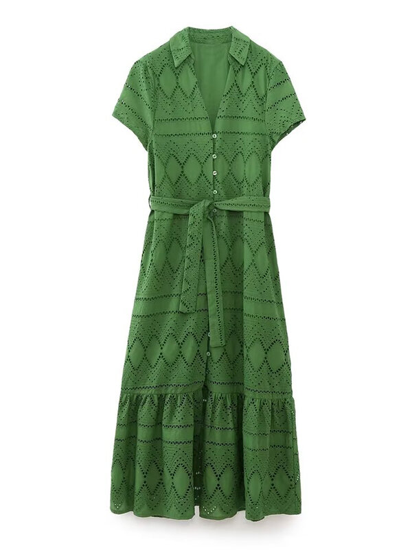Vestido camisero de encaje ahuecado con cinturón para mujer, vestido Midi bordado de manga corta de lujo, color verde, 3D064
