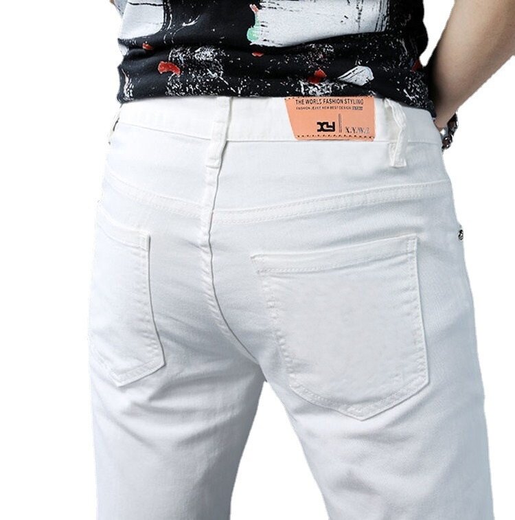 Moda męska marka elastyczna Slim Fit długie spodnie dżinsowe Casual białe jeansy Y2k z prostymi nogawkami dla mężczyzn Streetwear