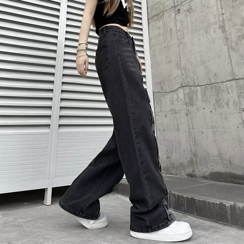Nowe amerykańskie jeansy w kratkę damskie wszechstronne, luźne, proste spodnie z wysoką talią