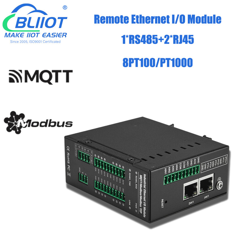 4/8 CH 2 kawat/3 kawat PT100/PT1000 akuisisi suhu I/O modul Modbus MQTT Ethernet jarak jauh modul RTD IO presisi tinggi