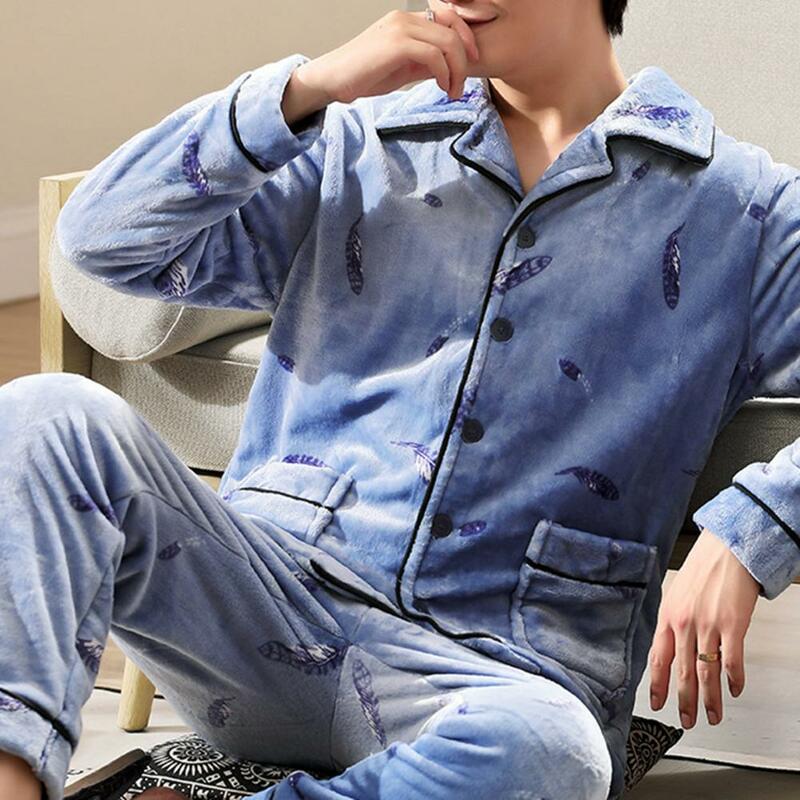 Single-row Button Fastening Pajamas Men's Winter Pajamas Set with Lapel Striped Top Elastic Waist Pants Thick Warm Soft for Men