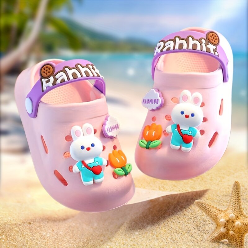 New cartoon children's indoor/outdoor slippers with perforated design, featuring adorable rabbit, strawberry, flower, and letter