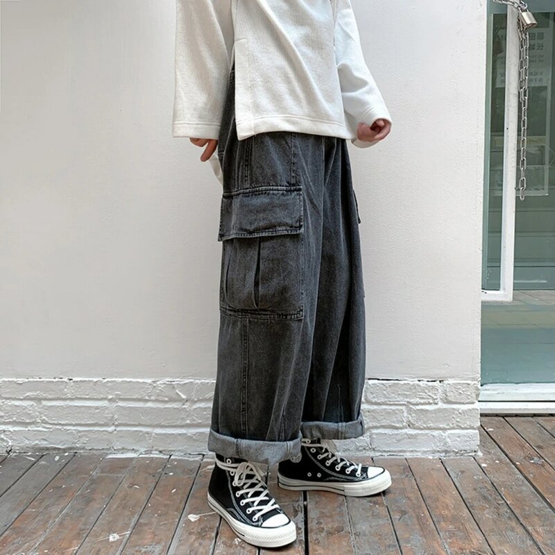 Jean Cargo multi-poches pour homme, pantalon de jogging en Denim, noir et bleu, Baggy, jambes larges, 2XL, printemps automne