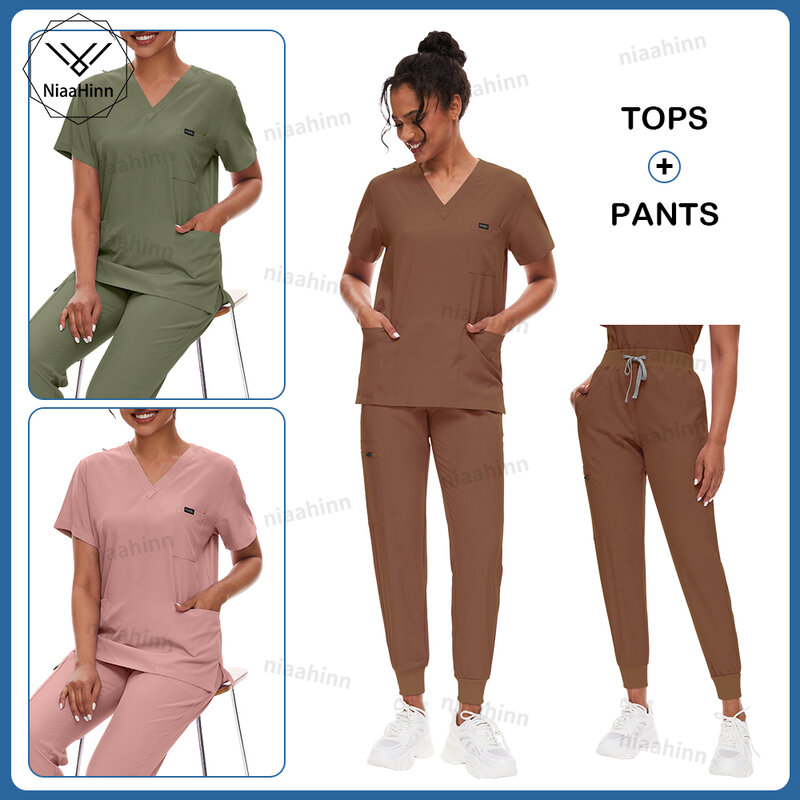 Medical Uniform Suit Scrub for Women  Classic V-neck Top & Jogger Scrubs Pants Nurse Uniforms Elastic Solid Color Surgical Gowns
