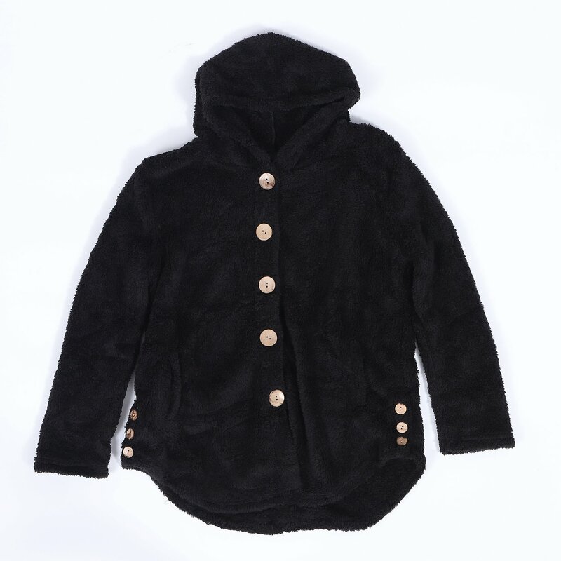 Womens Coat Oversize Size Button Plush Tops Hooded Loose Cardigan Outwear Winter Jacket,