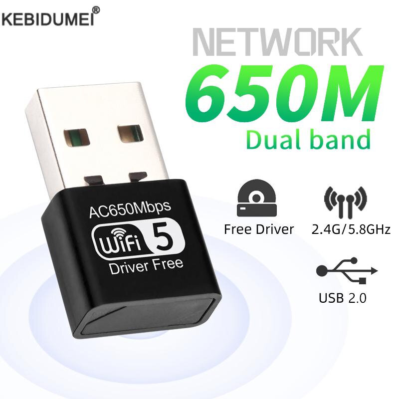 Adaptateur USB Wifi 650Mbps pour touristes, carte réseau 2.4G/5.8 mesurz, 300Mbps Ethernet, dongle récepteur sans fil