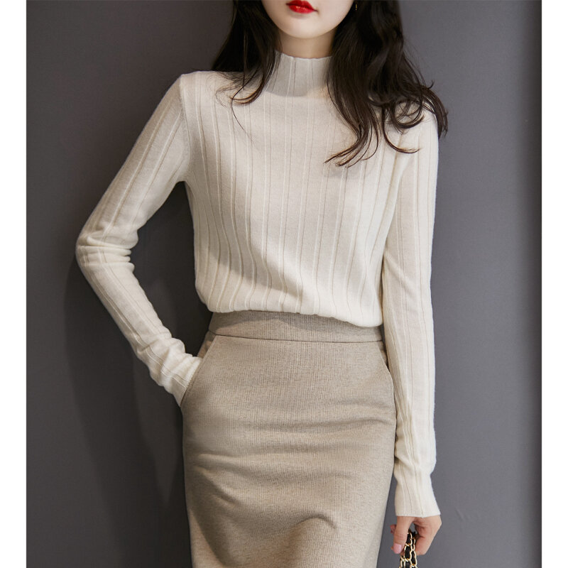 Women 2022 Autumn Winter Slim Knitting Sweater Pullovers Tops Solid Color Office Lady Elegant Popularity Korean Bottoming Shirts