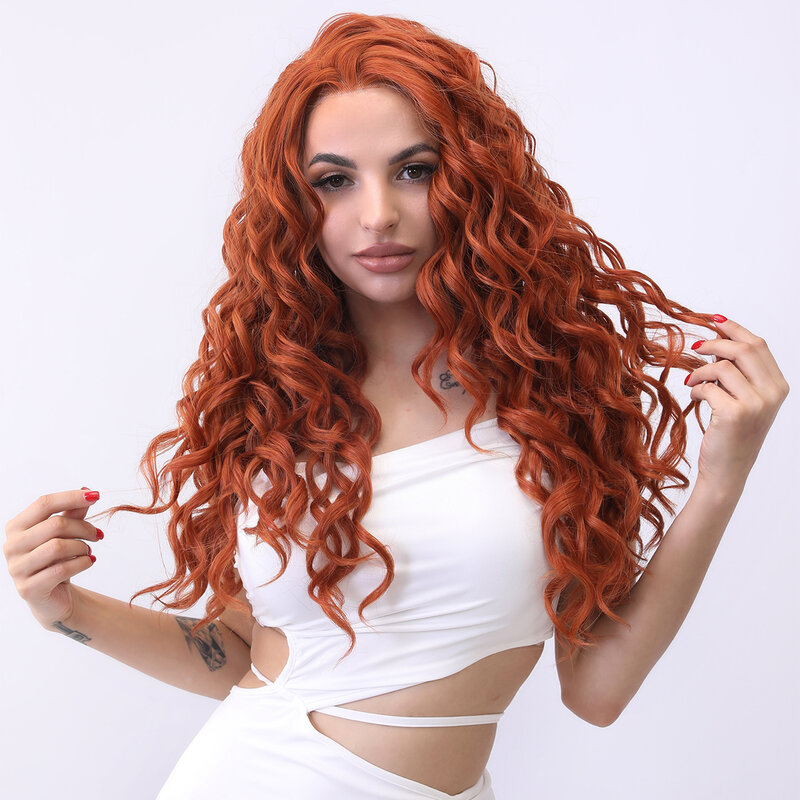 Smilco Orange Synthetic Lace Front Curly Wigs For Women Invisible Lace Front Preplucked Middle Part Wig Daily Heat Resistant