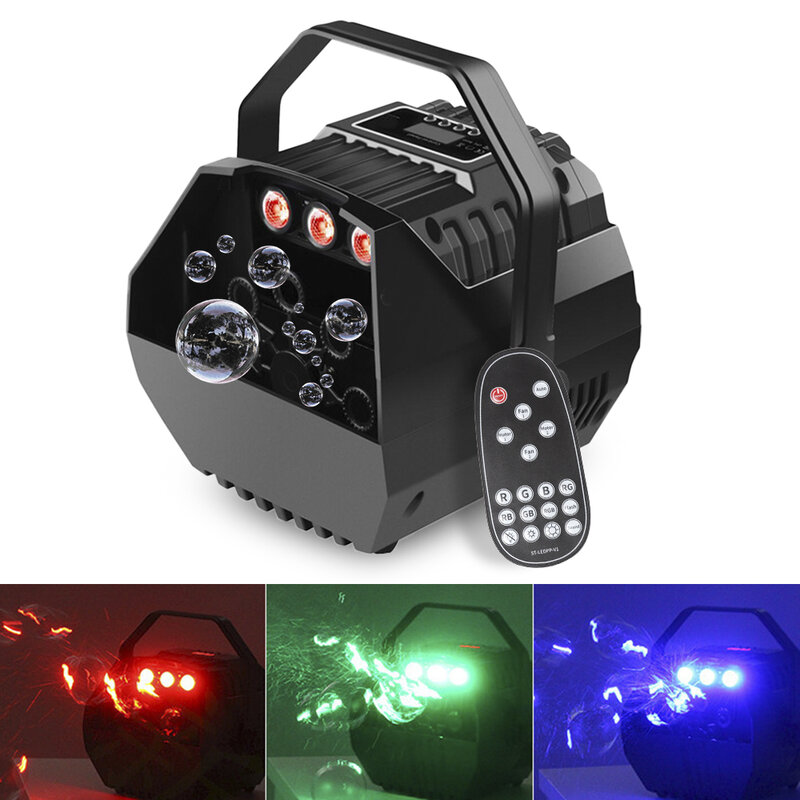 Máquina Automática de Bolha de Sabão, 3in 1, LED, RGB, Luz de Palco, DJ Party Effect, Controle Remoto