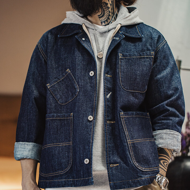 Jaqueta jeans retrô single-breasted Maden, lapela multi-bolso masculina, versão casaco de trabalho azul, 14 onças, primavera