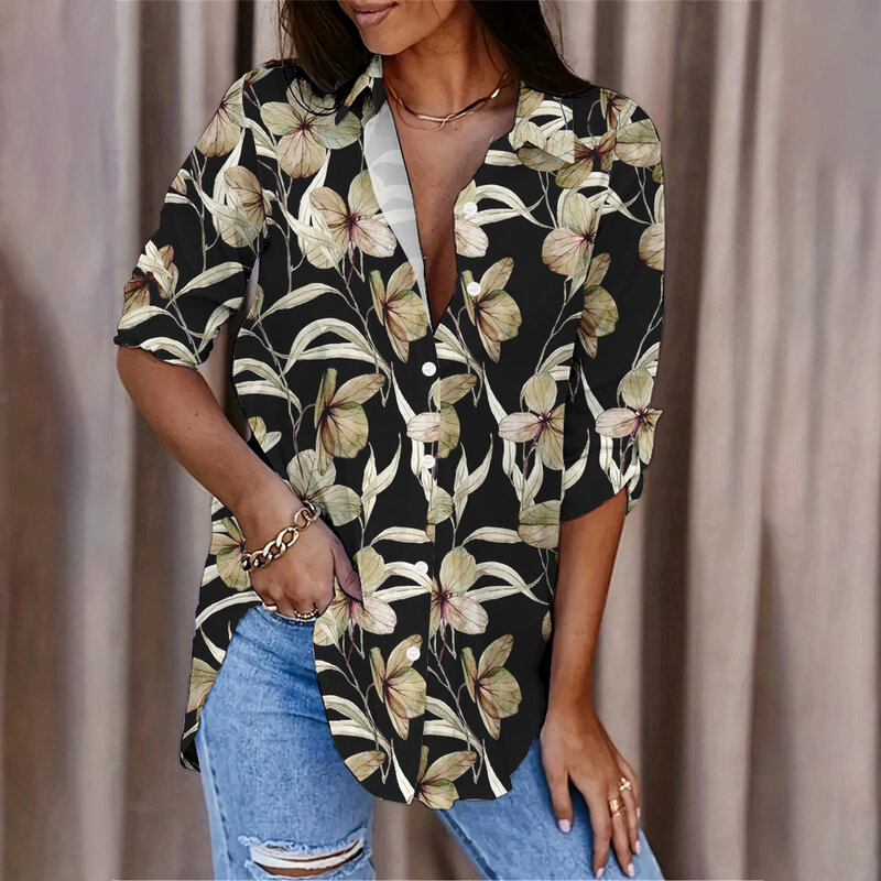 Camicia Casual manica lunga top da donna elegante camicia a maniche lunghe da donna con stampa floreale botanica a fila singola