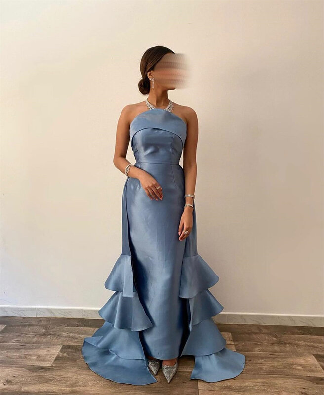 Oisstec gaun Prom wanita 2024 gaun malam Formal Satin panjang lantai kontes tanpa tali elegan gaun malam Arab Saudi