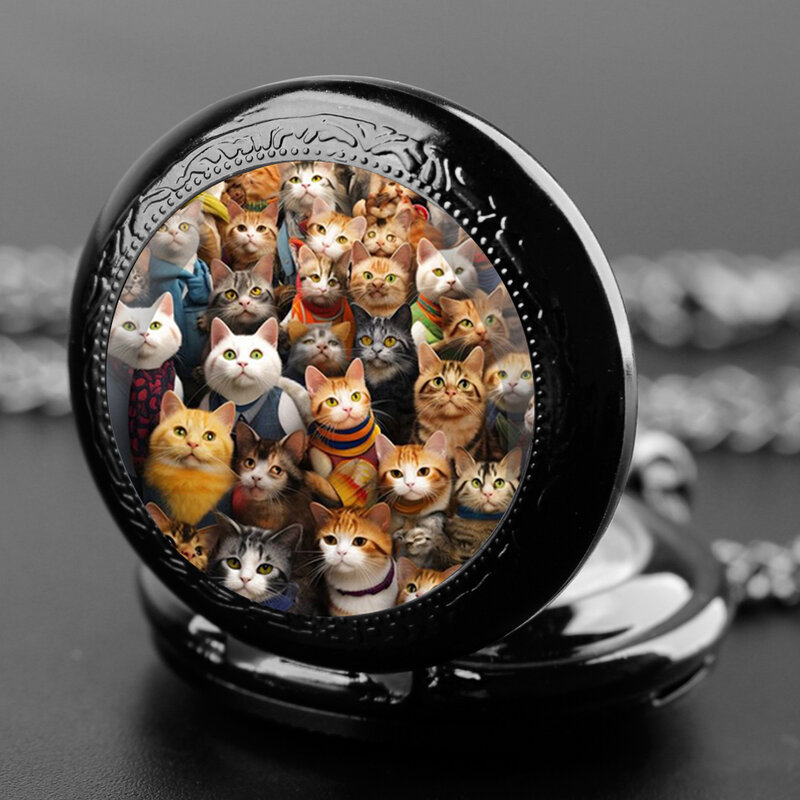 독특한 귀여운 고양이 유리 돔 빈티지 쿼츠 포켓 시계, 남녀공용 펜던트 목걸이 체인 시계 시간 시계, 보석 선물
