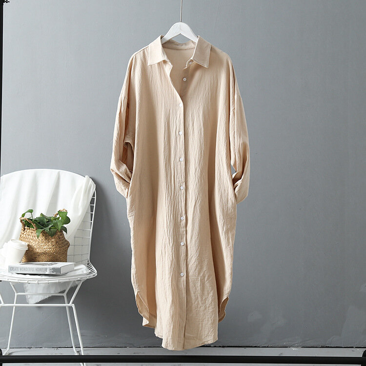 Camisa de linho de algodão de comprimento médio feminina, blusa casual solta, versão coreana, camisa à prova solar, jaqueta nova