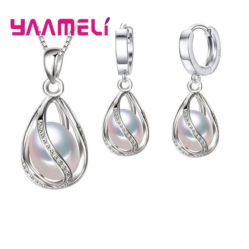 Elegante 925 Sterling Silber Geschenks chmuck Sets für Frauen weibliche rotierende Süßwasser perle Anhänger Halskette Huggie Ohrringe
