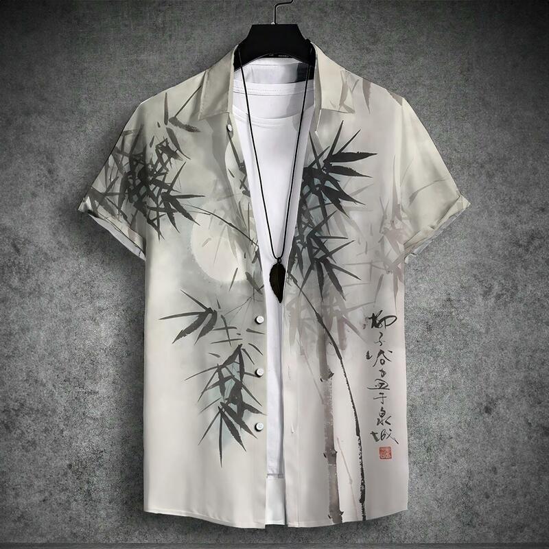 Top de lapela havaiana masculina, camisa de manga curta, estampada em estilo chinês, tamanho grande, confortável, casual, nova, 2024