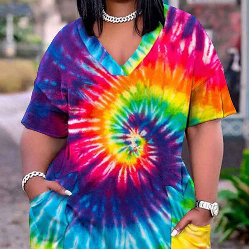 Plus Size Multicolor Daily Tie-Dye Print V-Neck With Pocket Rainbow Rompers