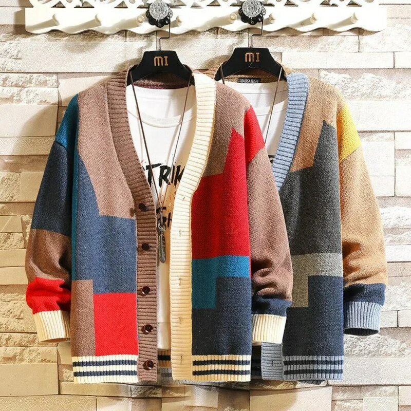 Suéter masculino colorido emenda v-Neck, cardigan tamanho grande, malha nova