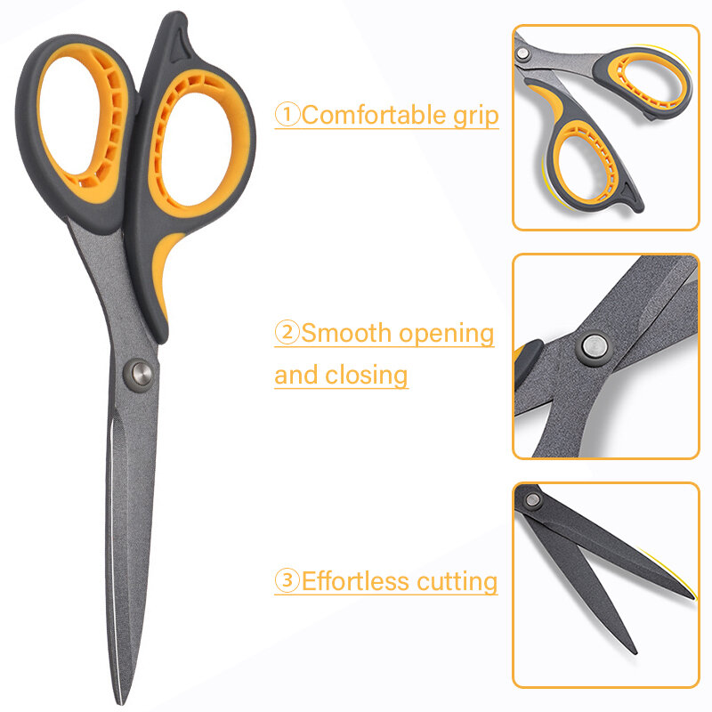 Aço inoxidável Anti Stick Scissors, Faca de papelaria, Home Office Scissor Paper Cutter, Anti-ferrugem revestido Shear