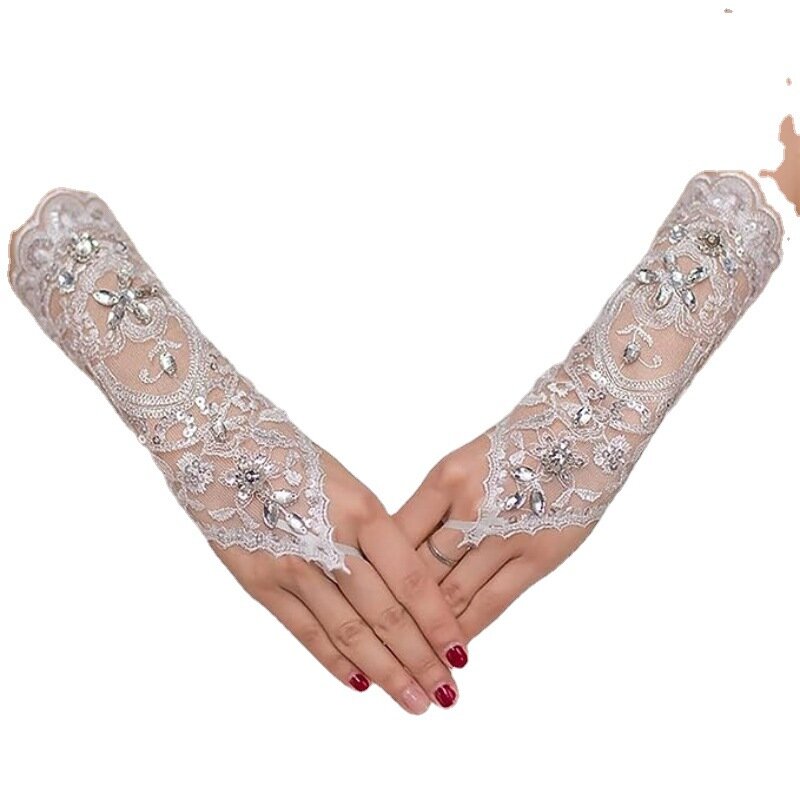 Luvas de casamento de diamante para noiva, longo e curto, branco, cinta de dedo aberto, acessórios do casamento, novos