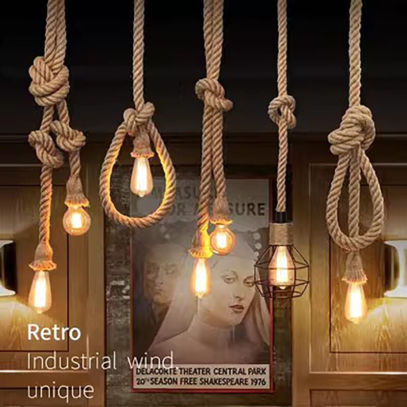 Luz pingente corda cânhamo vintage, Lâmpadas suspensas industriais retro, Loft criativo, Iluminação LED E27 Edison, Estilo country
