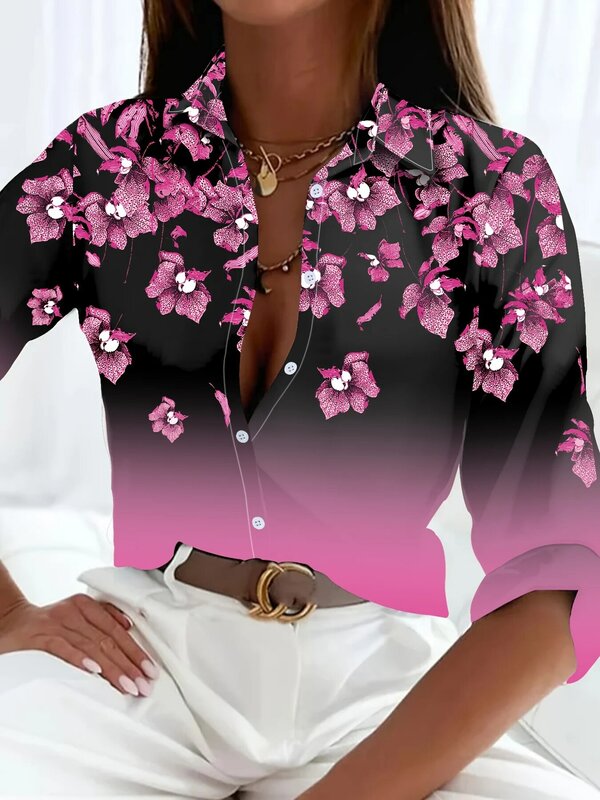 Camisa de pavão grande estampada feminina, blusas vintage soltas, tops elegantes, moda casual, outono, 2023