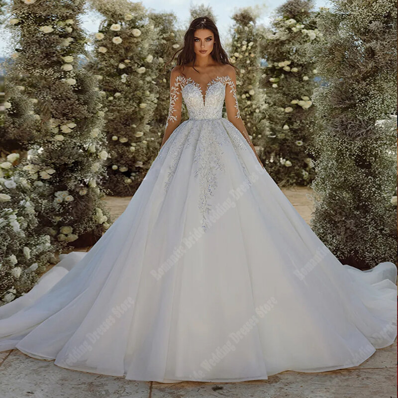 Beautiful Noble V-Neck Women Wedding Dresses Long Sleeves A-Line Princess Bridal Gowns Gorgeous Beach Banquet Vestidos De Novias