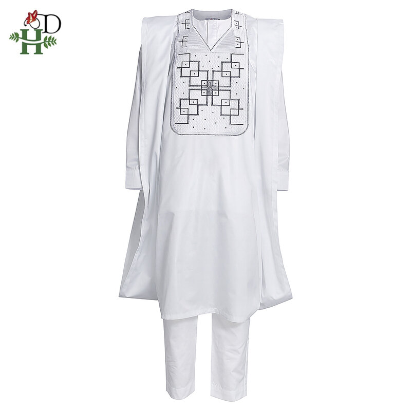 H & d africano roupas para homens bazin riche agbada bordado robe camisa calças 3 pçs conjunto plus size boubou homme musulman conjuntos