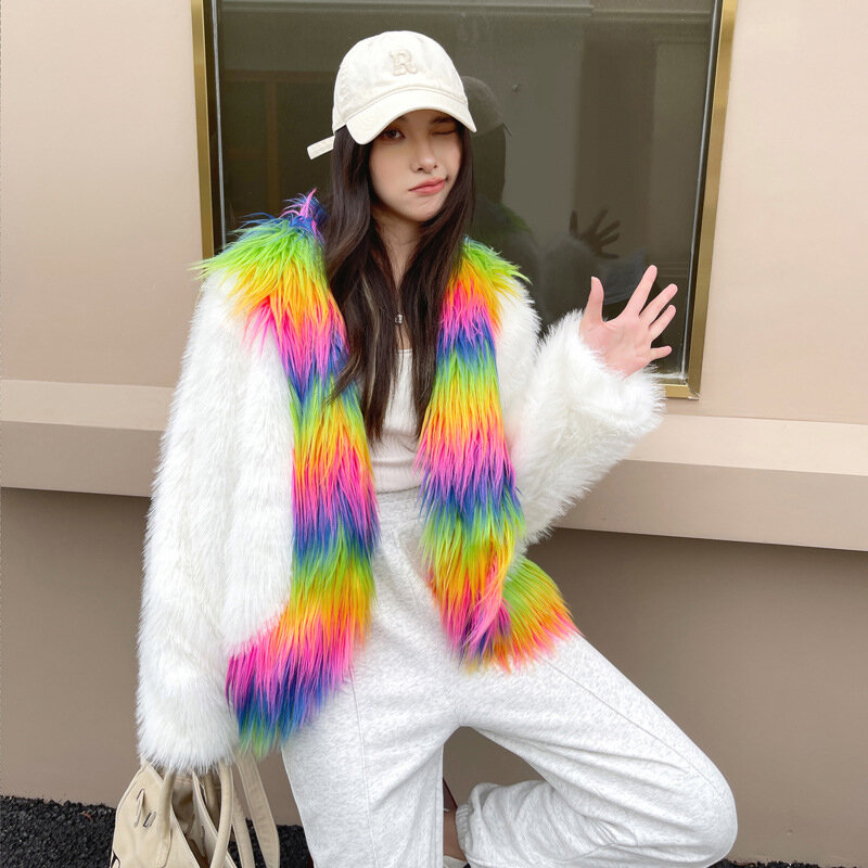 Rainbow Furry Jacket For Lady Autumn Winter Thick Warm Faux Fur Coat Women Fashion Outerwears Fluffy Cardigan Jaqueta Feminina