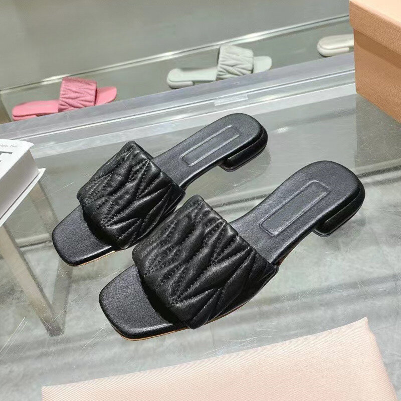 2024 New Spring Autumn Fashion Women's Flat Slippers Flat Bottomed Square Head Solid Color Genuine Leather High Luxury Quality