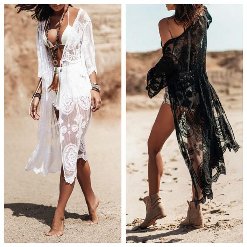 Women Bikini Dress Lace Flower Embroidery Thin Short Sleeves Mid-calf Length Sunscreen Cardigan Lace Up Women Beach Cover Up