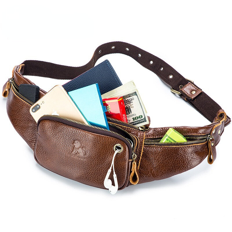 Leather Men's Fanny Pack Cowhide Chest Bag Sports Leisure First Layer Cowhide Cash Register Bag Fashion Men's Brown Waist Pack