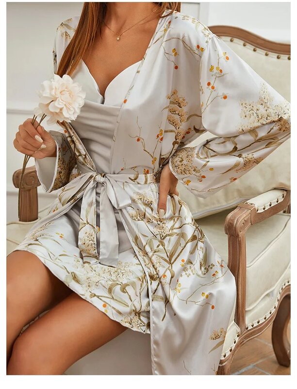 Print Twinset Robe Suit Womens Satin Chemise Nightgown Kimono Bathrobe Gown Set Summer Sexy Loungewear V-Neck Sleepwear