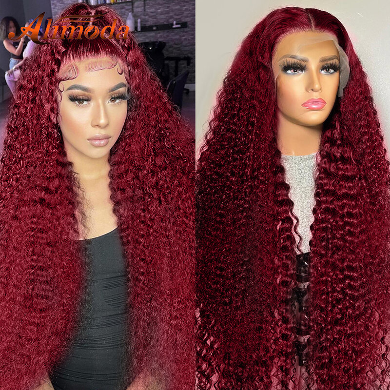 99J Burgundy Deep Wave 13x4 HD Transparent Lace Front Human Hair Wigs for Women Red Colored Water Curly Frontal Wig Pre Plucked