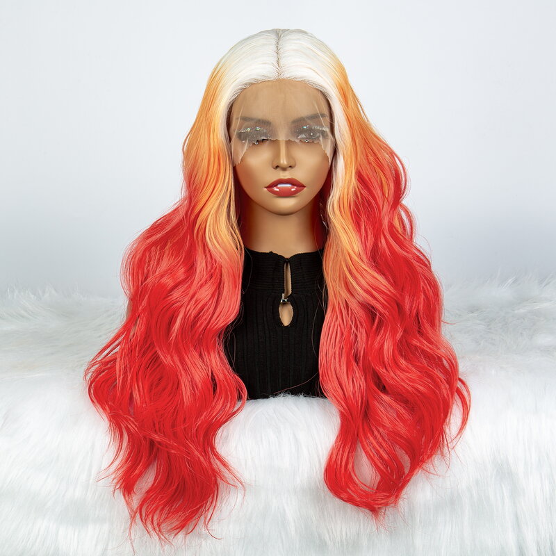 Red Lace Front Synthetic Hair Wigs with Body Wave Middle Part White Root Orange Wigs Women's Cosplay Wigs Heat Resistant 26Inch